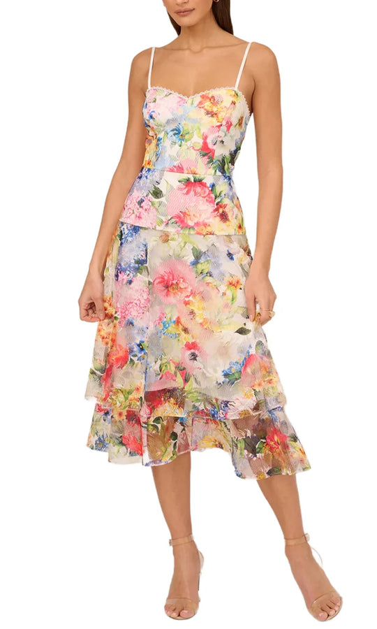 Adrianna Papell ADAE211291 - Printed Embroidered Tea-Length Dress