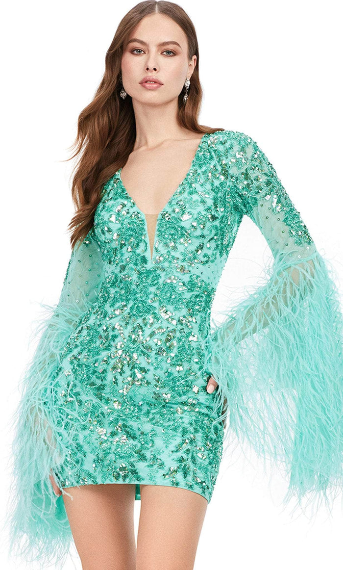 Ashley Lauren 4603 - Bell Feathered Sleeve Cocktail Dress Special Occasion Dress 0 / Aqua