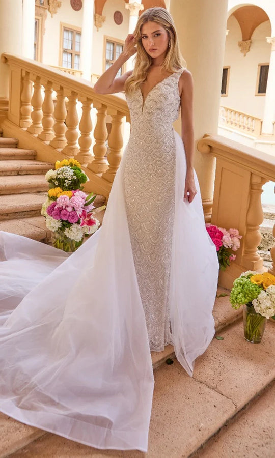 Ava Presley 47224 - Long Beaded Mesh with Tulle Overskirt Sheath Dress