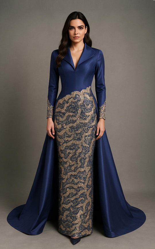 MNM COUTURE B1177 - Embellished Column Overskirt Evening Gown