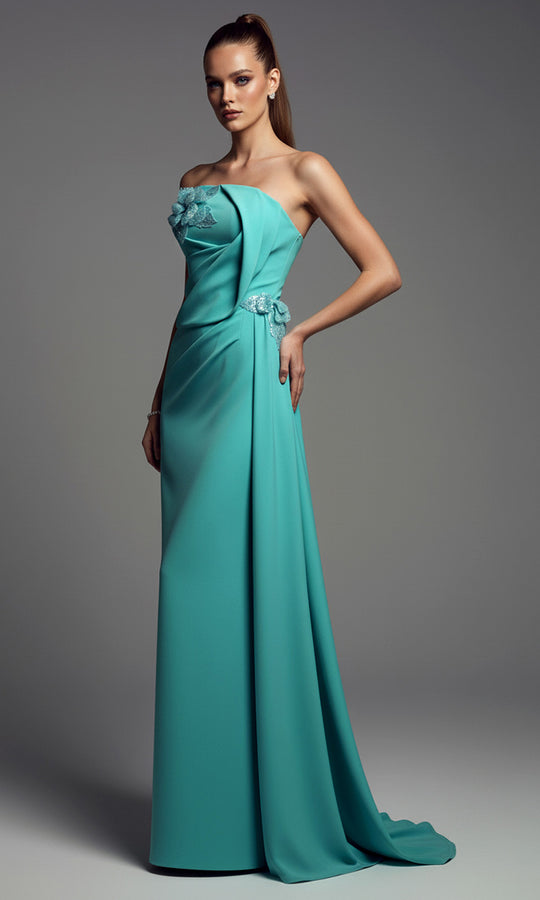 MNM COUTURE B1189 - Straight Neck Column Gown with 3D Floral Accent