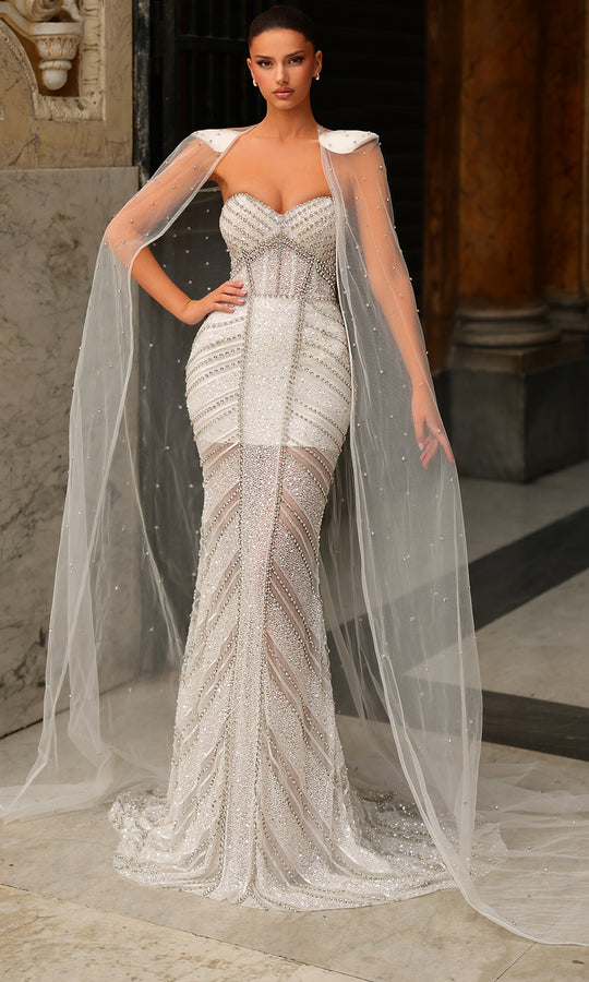 Chic and Holland BR550021 - Illusion Cape Sweetheart Beaded Dress