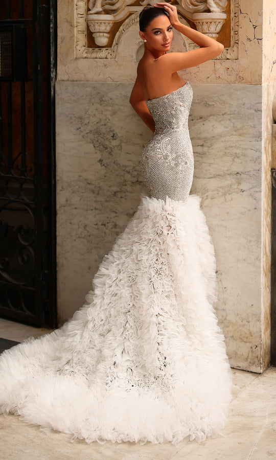 Chic and Holland BR550030 - Strapless Beaded Dress with Feather Skirt