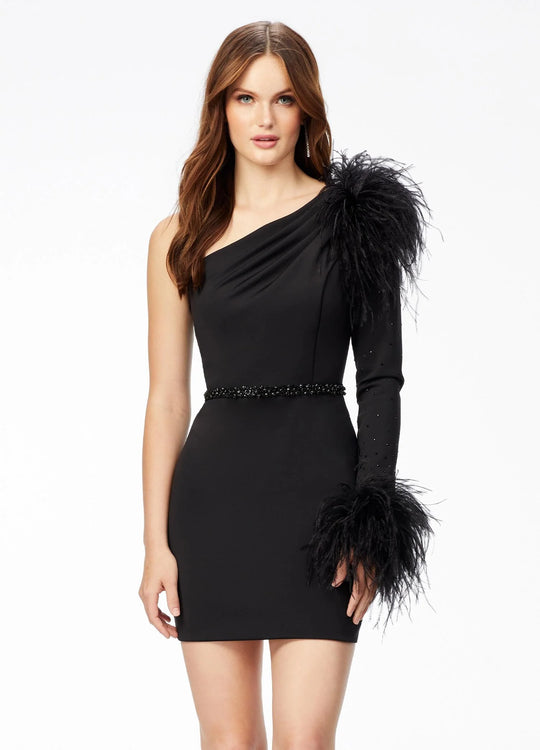 Ashley Lauren 4526 - Asymmetrical Feathered Long Sleeve Cocktail Dress
