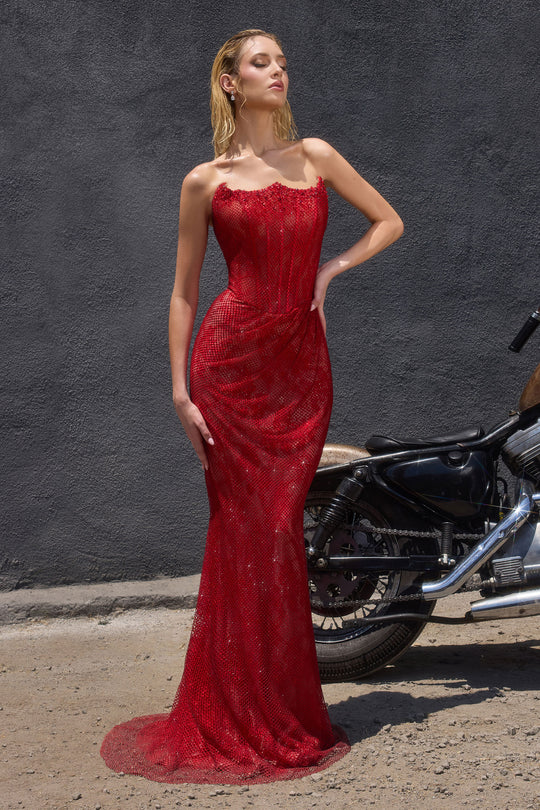Ladivine CB162 - Beaded Mesh Sheath Evening Gown