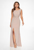 Cameron Blake CB201 - Stretch Knit Cap Sleeve Gown with Slit