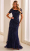 Cameron Blake CB450 - Embroidered Illusion Short Sleeve Formal Dress In Blue