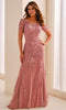 Cameron Blake CB450 - Embroidered Illusion Short Sleeve Formal Dress In Pink