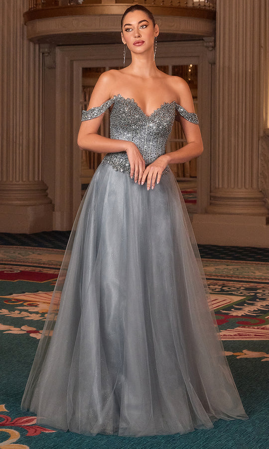 Ladivine CC471 - Beaded Top Off-Shoulder Evening Gown