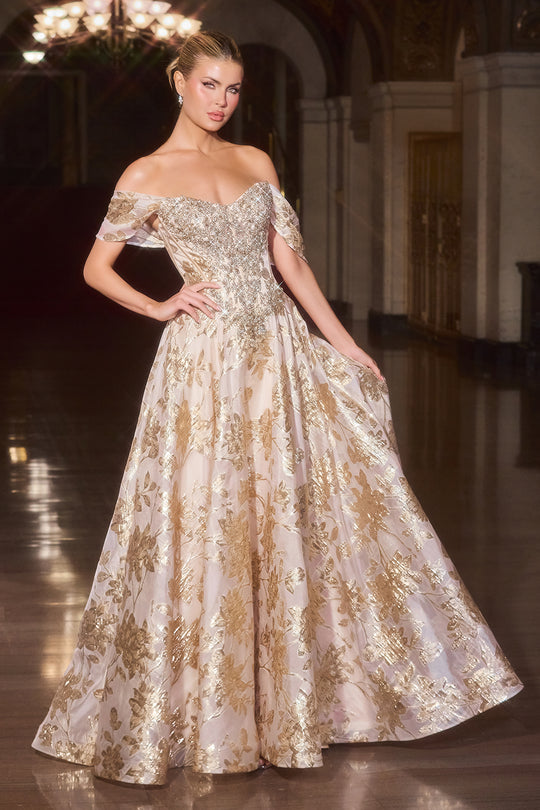 Ladivine CD682 - Off Shoulder Floral Jacquard Ballgown