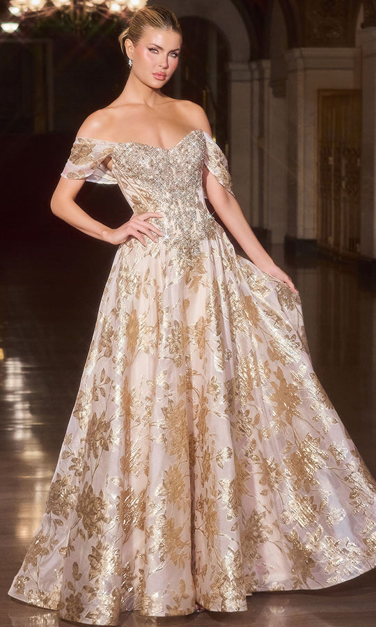 Ladivine CD682 - Off Shoulder Floral Jacquard Ballgown