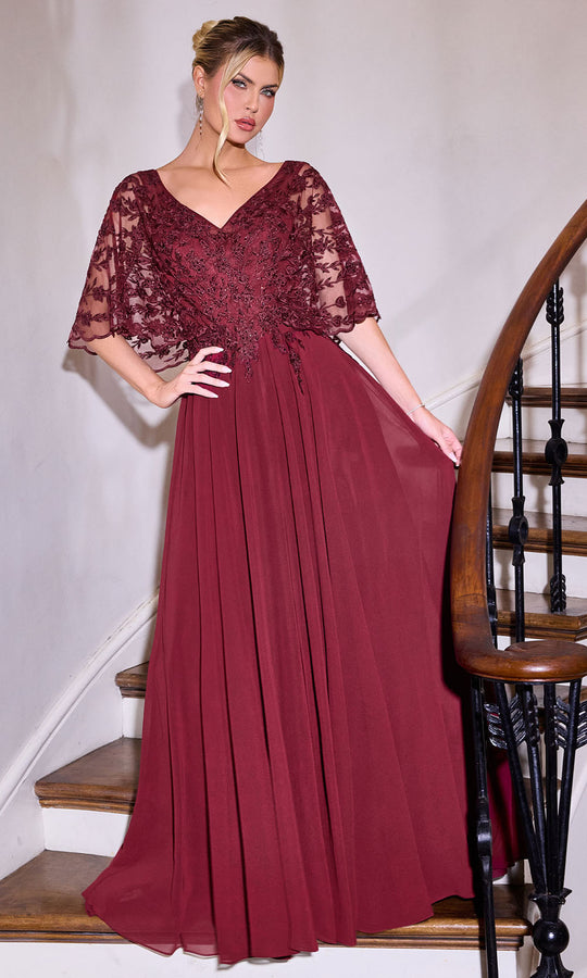 Ladivine CL10 - Embroidered Cape Sleeve A-Line Formal Gown