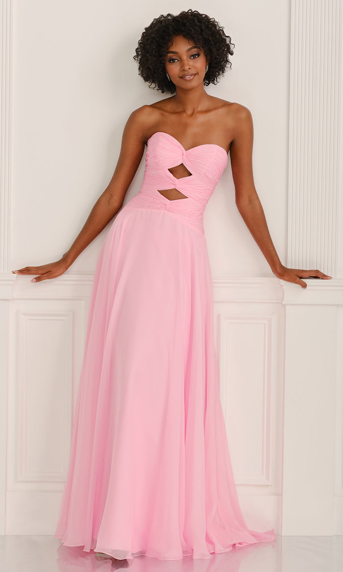 Colette by Daphne CL6113 - Long Chiffon A-line Dress - Strapless, Twist Front, Ruched, Cutouts, Mid-Open Back, Sweep Train, Boned Bodice 2 / Pink - Colette by Daphne CL6113 - Long Chiffon A-line Dress - Strapless, Twist Front, Ruched, Cutouts, Mid-Open Back, Sweep Train, Boned Bodice 2 / Pink -