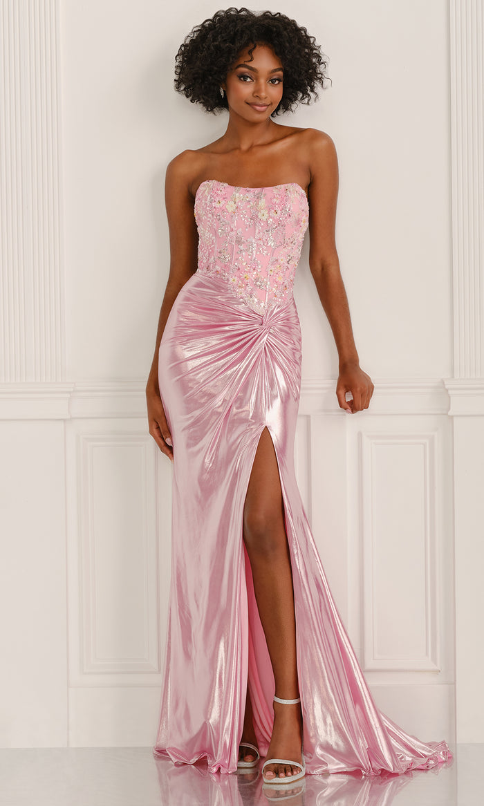 pink lame dress Colette by Daphne CL6121 - Long Liquid Lame, Lace Applique, Beading, Sequin Sheath Dress