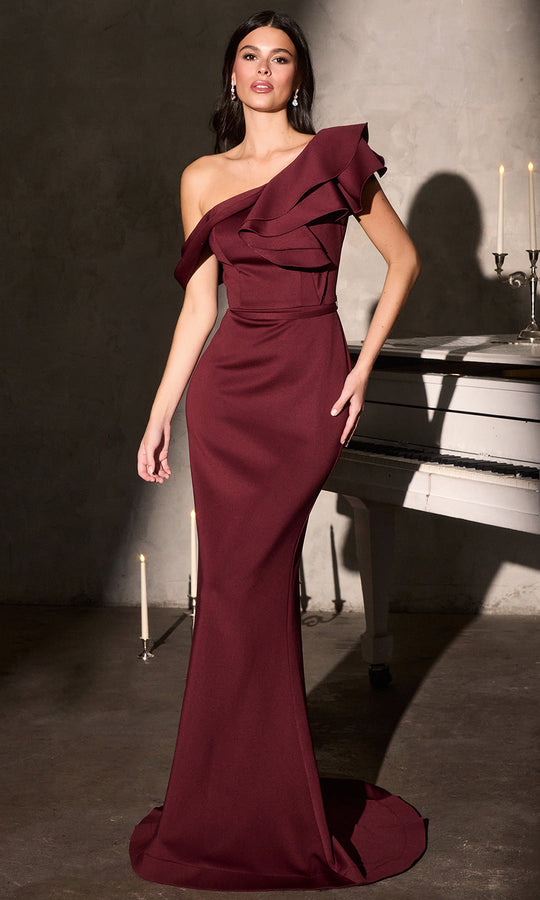 Ladivine CR886 - One Shoulder Ruffled Scuba Evening Gown