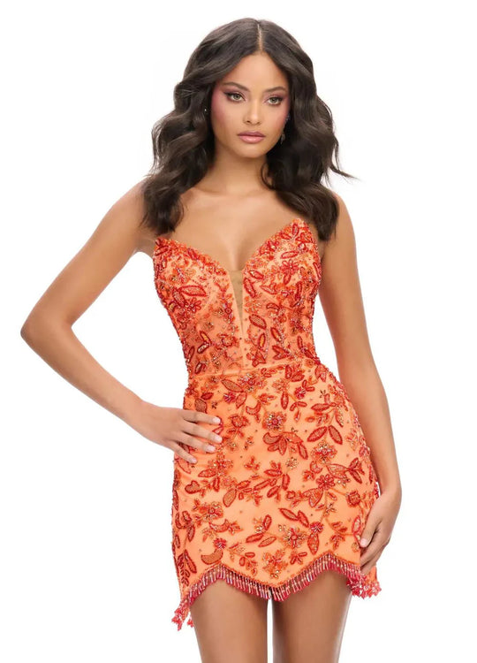 Ashley Lauren 4703 - Floral Beaded V-Neck Cocktail Dress