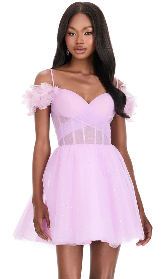 Ashley Lauren 4817 - 3D Floral Sleeve Glitter Short Dress