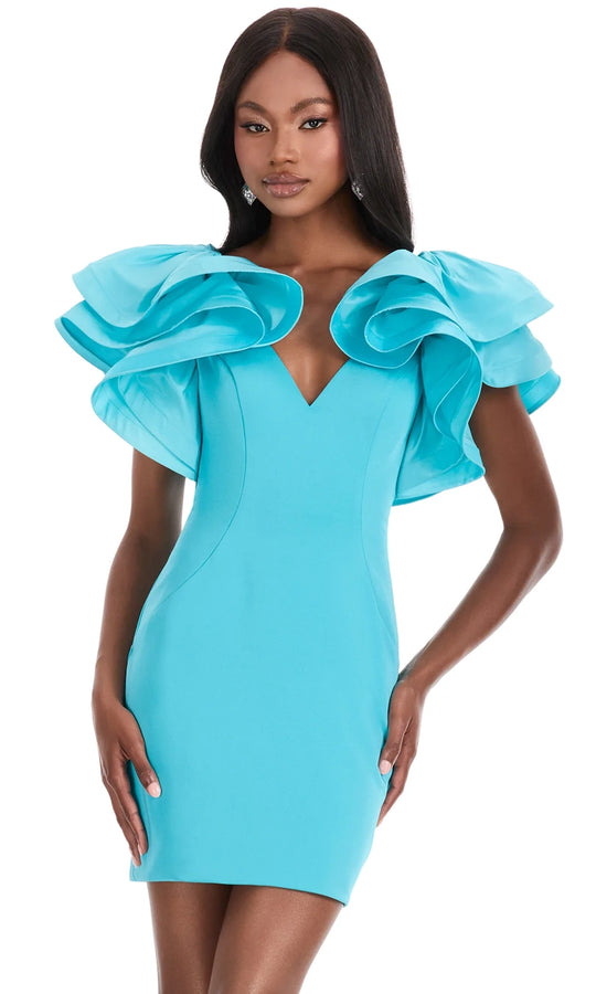 Ashley Lauren 4841 - Ruffled Sleeve Short V-Neck Dress