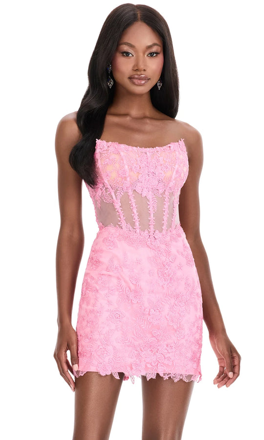 Ashley Lauren 4852 - Floral Lace Sheer Corset Party Dress