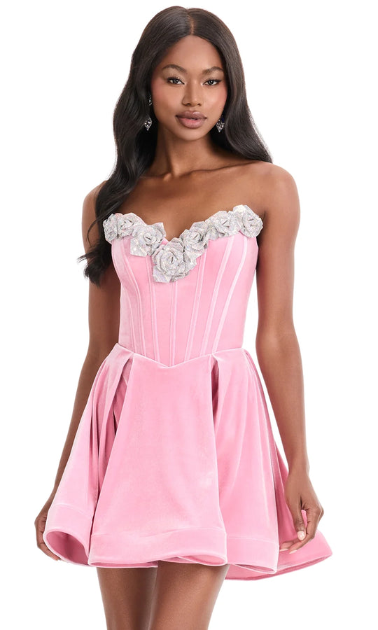 Ashley Lauren 4871 - Velvet Corset Mini Dress with 3D Florals