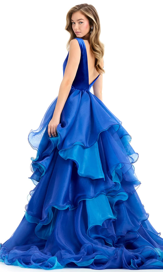 Ashley Lauren 12049 - V-Neckline Velvet Gown with Ruffle Overskirt