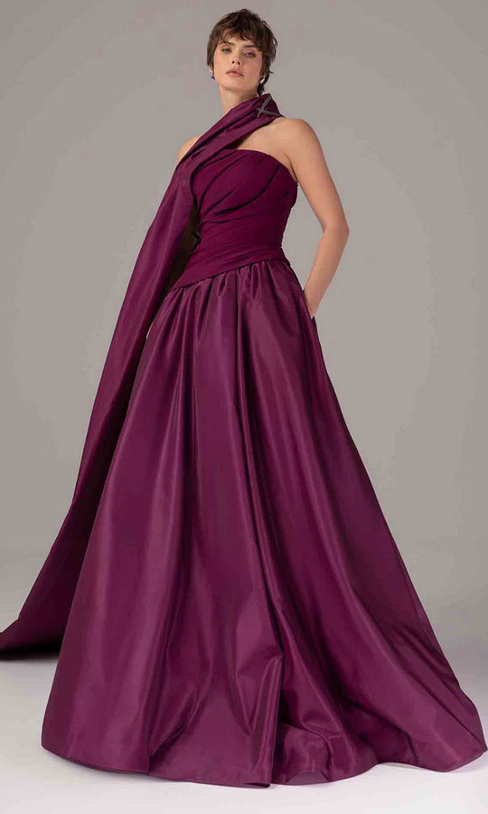 MNM COUTURE E0089 - Draped Panel Asymmetric Neck A-Line Gown