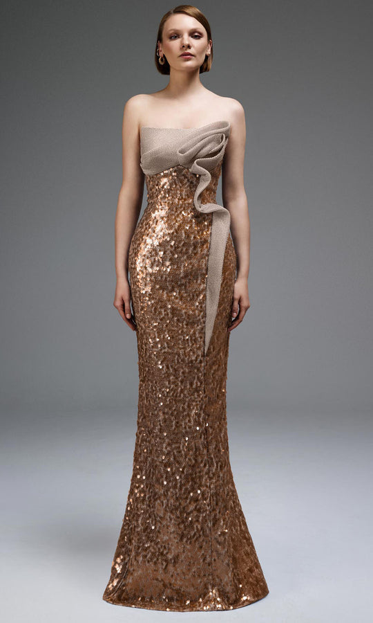 MNM COUTURE E0105 - Embellished Straight Neck Sheath Gown