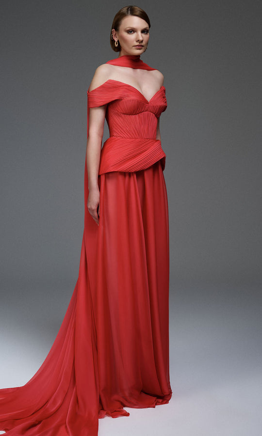 MNM COUTURE E0119 - Pleated Top Off Shoulder Evening Gown