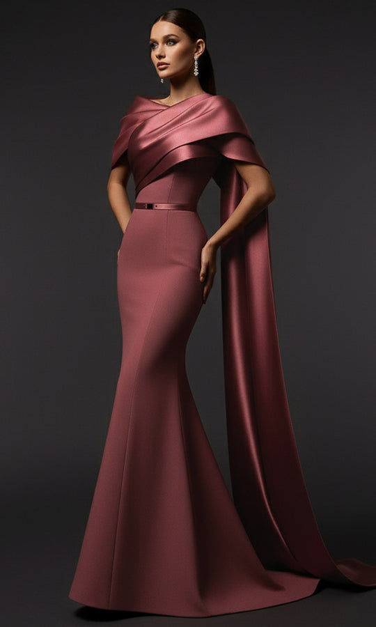 MNM COUTURE E0125 - Mermaid Draped Bodice Crepe Gown
