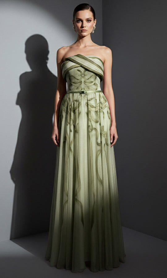 MNM COUTURE E0129 - Printed Silk Straight Neckline Long Dress