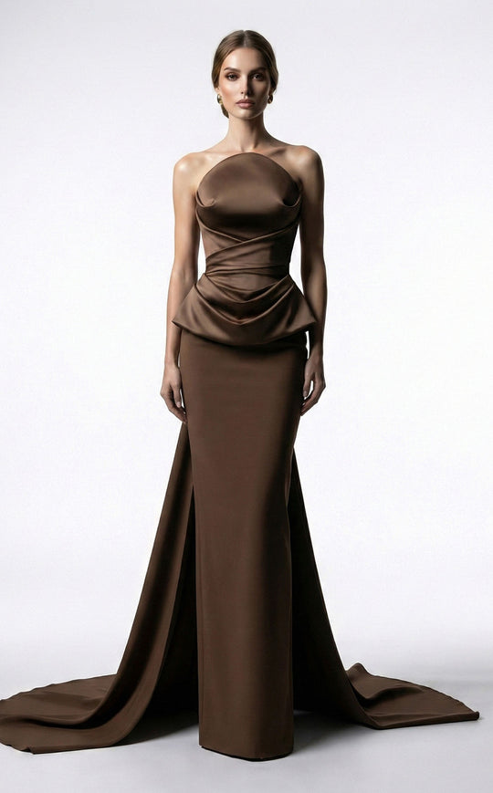 MNM COUTURE E0146 - Draped Peplum Strapless Evening Gown