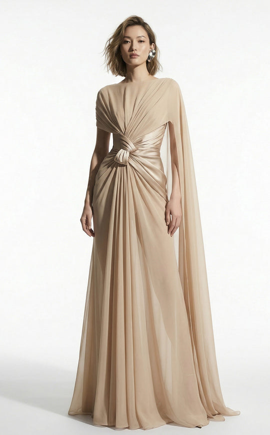 MNM COUTURE E0160 - Knotted Waist Cape Panel Evening Gown