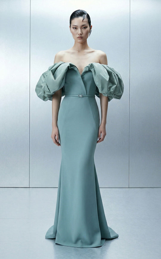 MNM COUTURE E0165 - Dramatic Puff Sleeve Belted Evening Gown