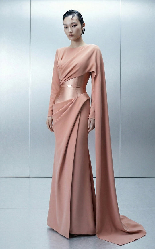 MNM COUTURE E0166 - Asymmetric Draped Bodice Sheath Evening Gown