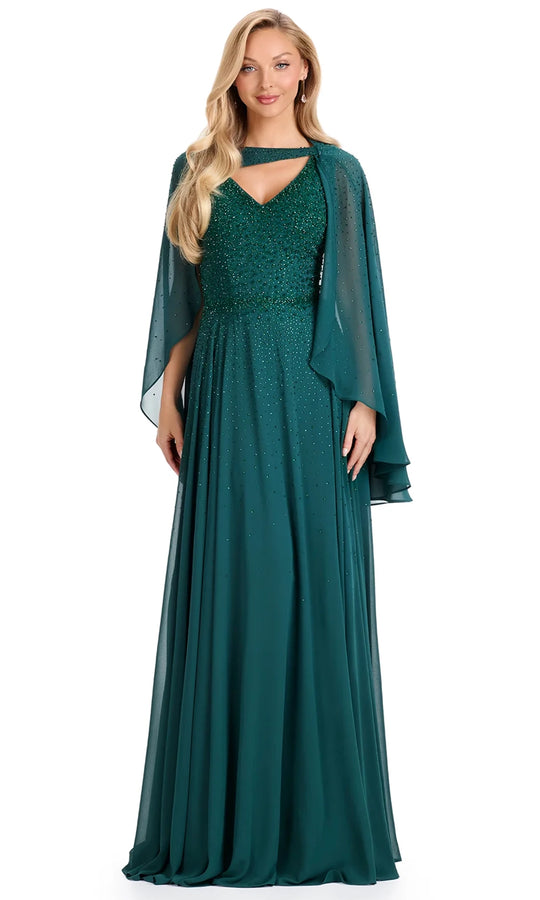 Ashley Lauren E12092 - Beaded Bodice Cape Sleeve Chiffon Dress
