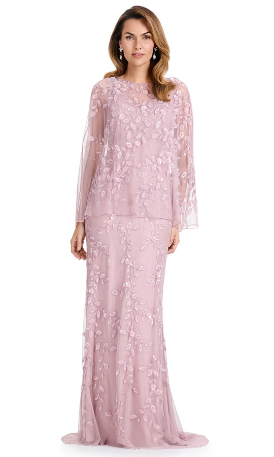 Ashley Lauren E12095 - Leaf Beaded Applique Cape Sleeve Dress