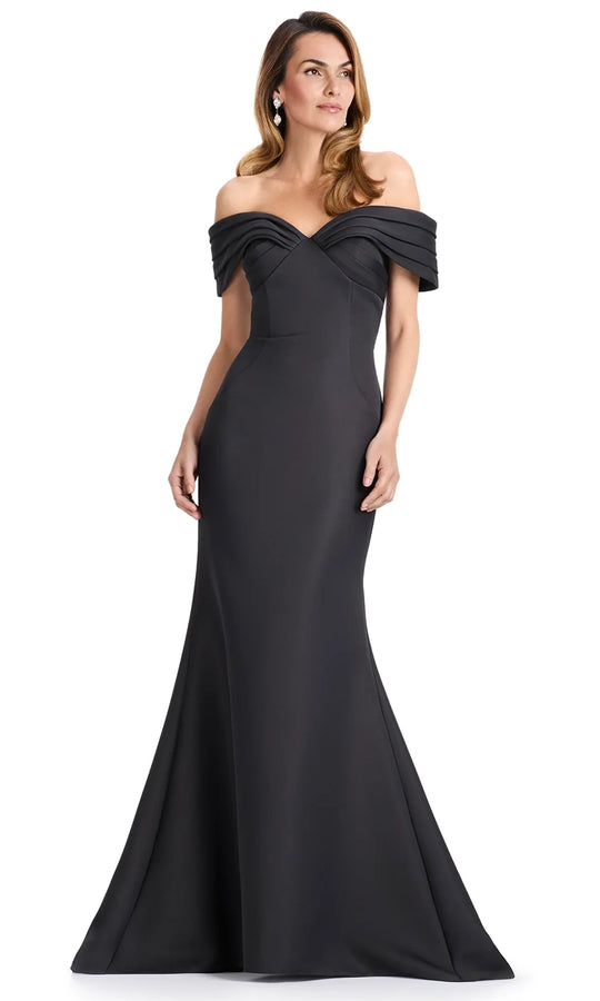 Ashley Lauren E12097 - Pleated Off-Shoulder Satin Long Dress