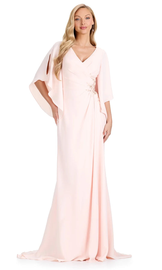 Ashley Lauren E12101 - Cape-Style Sleeve Beaded Crepe Dress