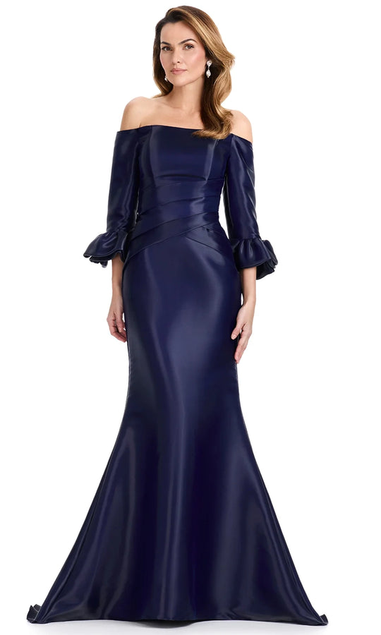 Ashley Lauren E12107 - Pleated Waist Straight Neck Satin Dress