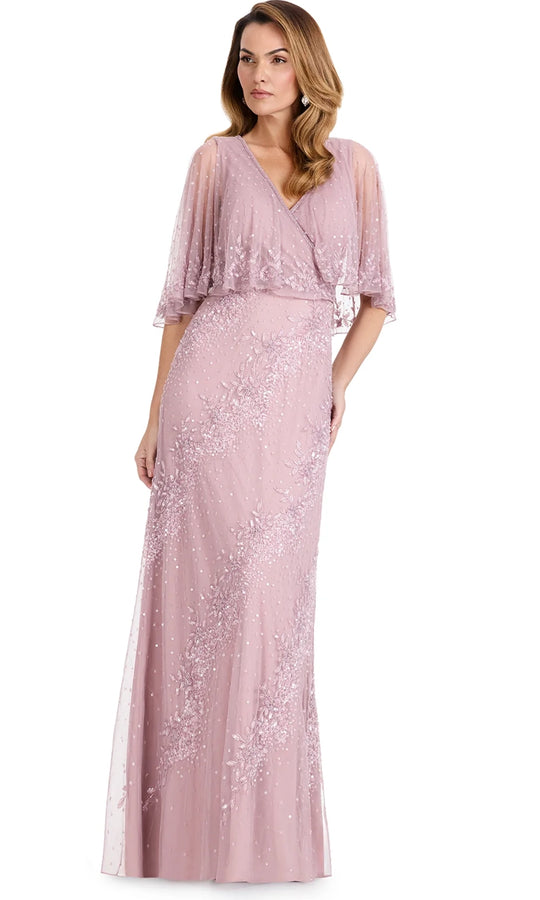 Ashley Lauren E12114 - Surplice V-Neck Beaded Mesh Dress