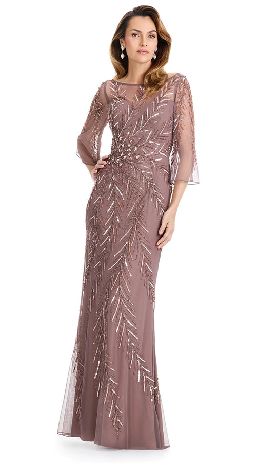Ashley Lauren E12124 - Three-Quarter Sleeve Illusion Beaded Dress