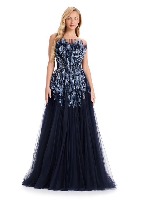 Ashley Lauren E12127 - Pleated Tulle A-Line Evening Gown In Blue