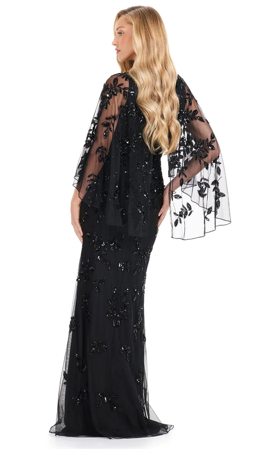 Ashley Lauren E12128 - Illusion Cape Sleeve Beaded Column Dress
