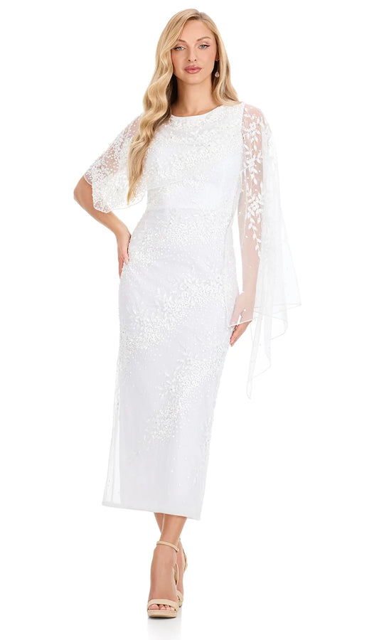 Ashley Lauren E12141 - Asymmetric Cape Beaded Tea-Length Dress