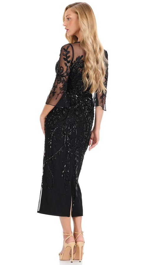 Ashley Lauren E12143 - Beaded Applique Illusion V-Neck Midi Dress