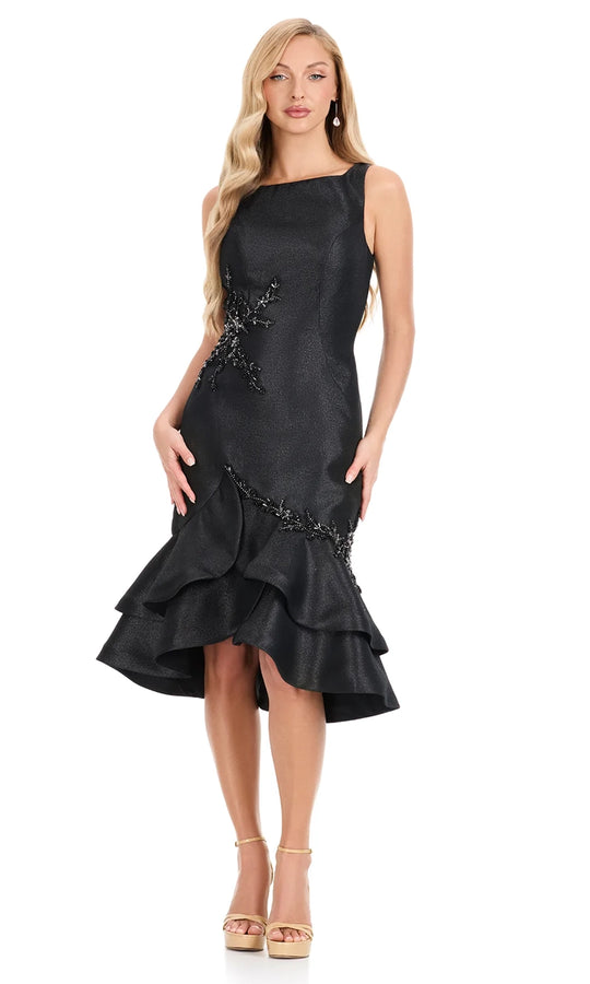 Ashley Lauren E4912 - Beaded Applique Metallic Ruffle Hem Dress