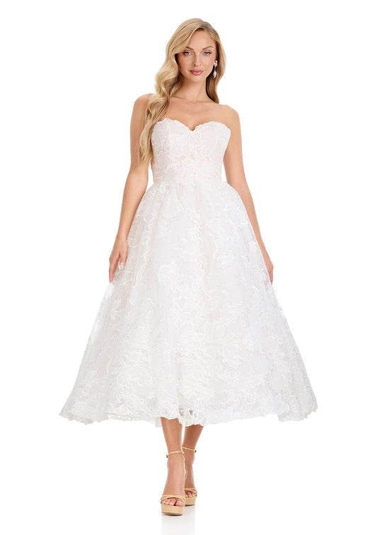 Ashley Lauren E4913 - Sweetheart Neckline Floral Lace Midi Dress In White
