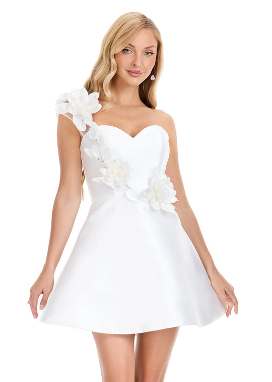 Ashley Lauren E4914 - 3D Floral Applique One Shoulder Mini Dress In White
