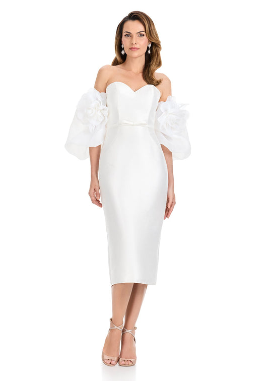 Ashley Lauren E4918 - Off Shoulder Puff Sleeve Satin Midi Dress In White