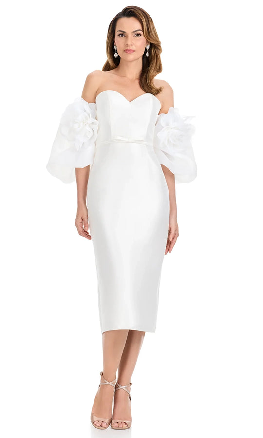 Ashley Lauren E4918 - Off Shoulder Puff Sleeve Satin Midi Dress